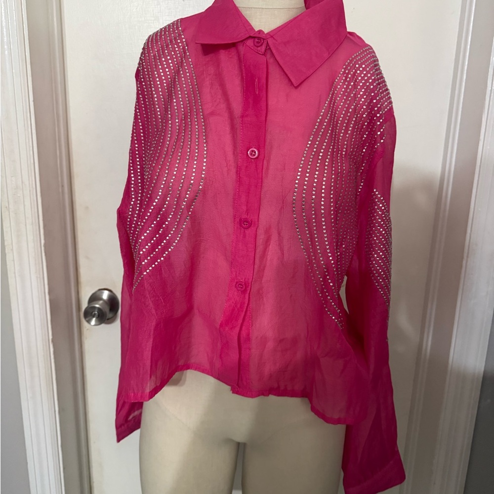 Vibrant‎ Pink Sheer Button Down Shirt with Rhinestone Detail